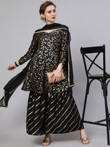 Black Foil Print Kurta Sharara With Dupatta - Elganza