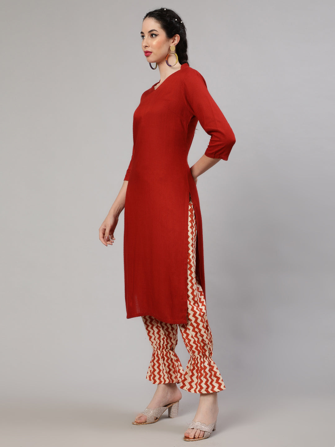 Red Kurta With Chevron Palazzo - Elganza