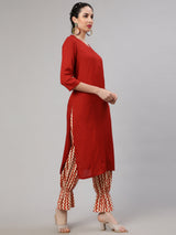 Red Kurta With Chevron Palazzo - Elganza