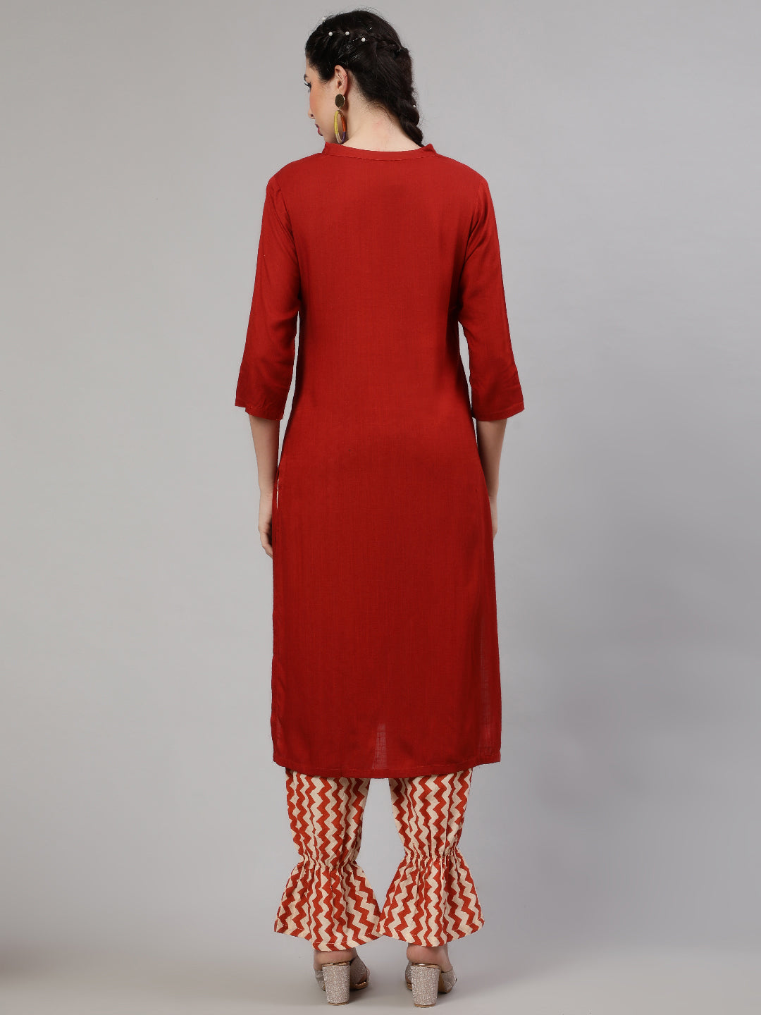 Red Kurta With Chevron Palazzo - Elganza