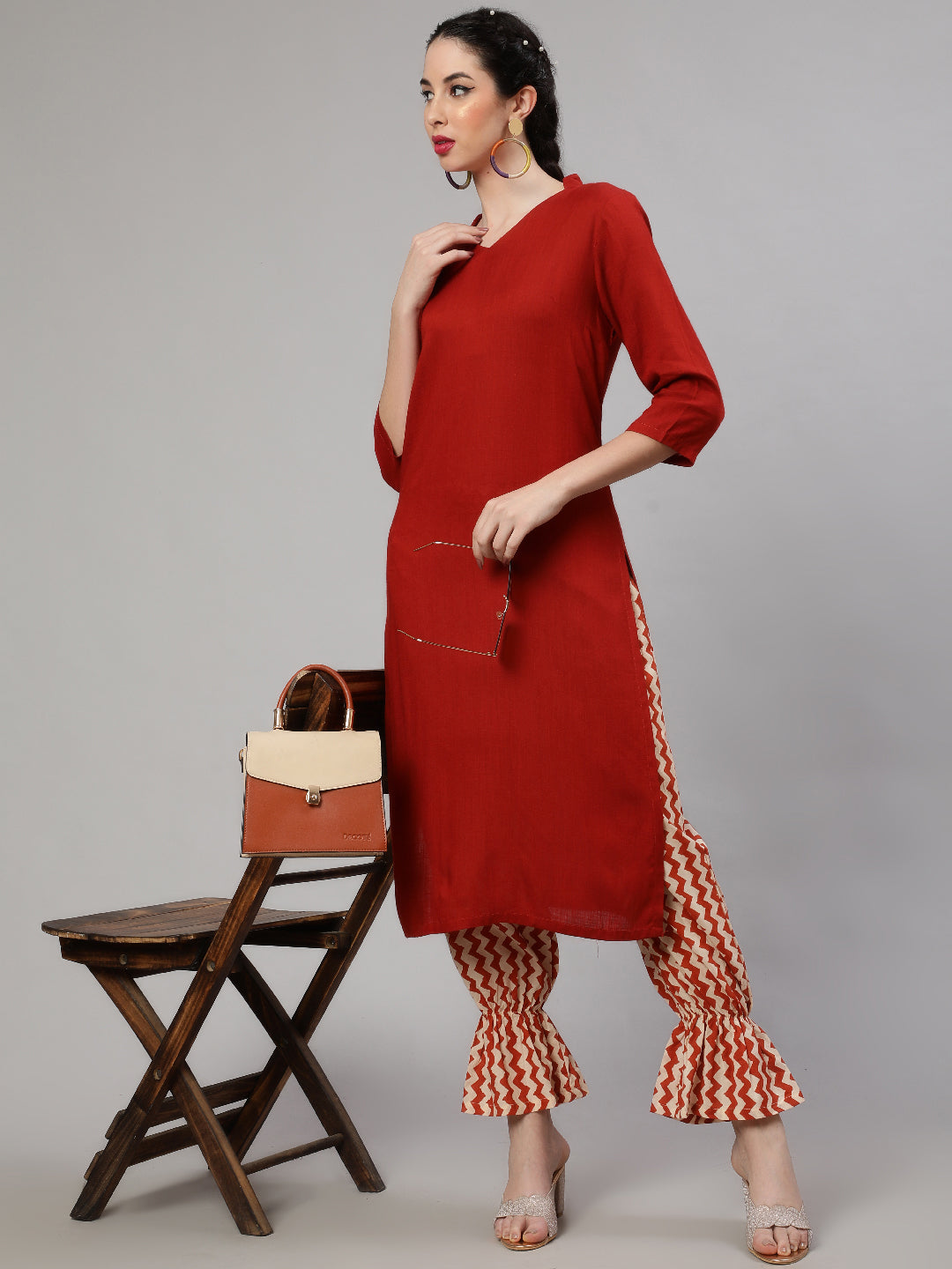 Red Kurta With Chevron Palazzo - Elganza