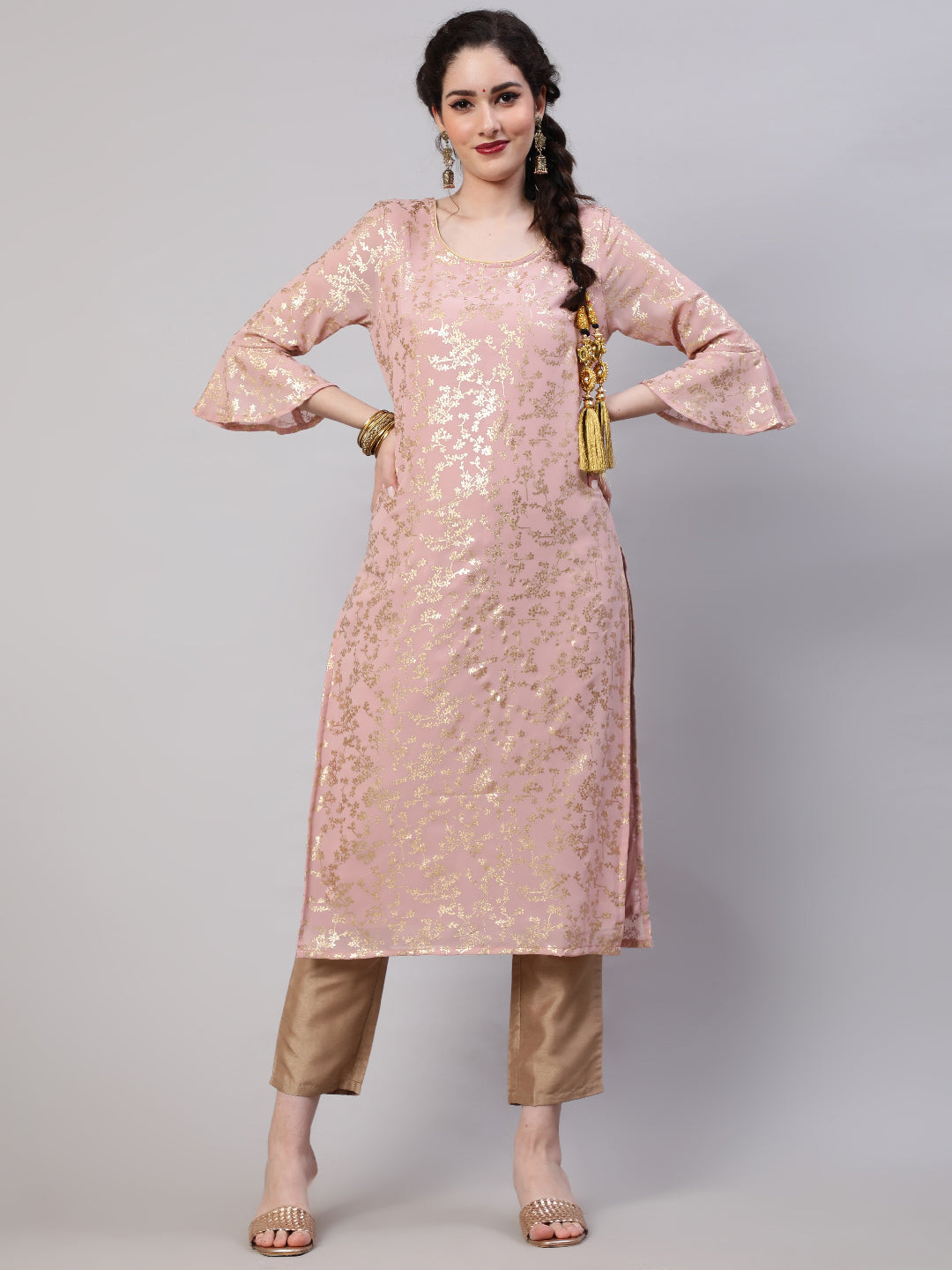 Peach Foil Printed Kurta With Pant - Elganza