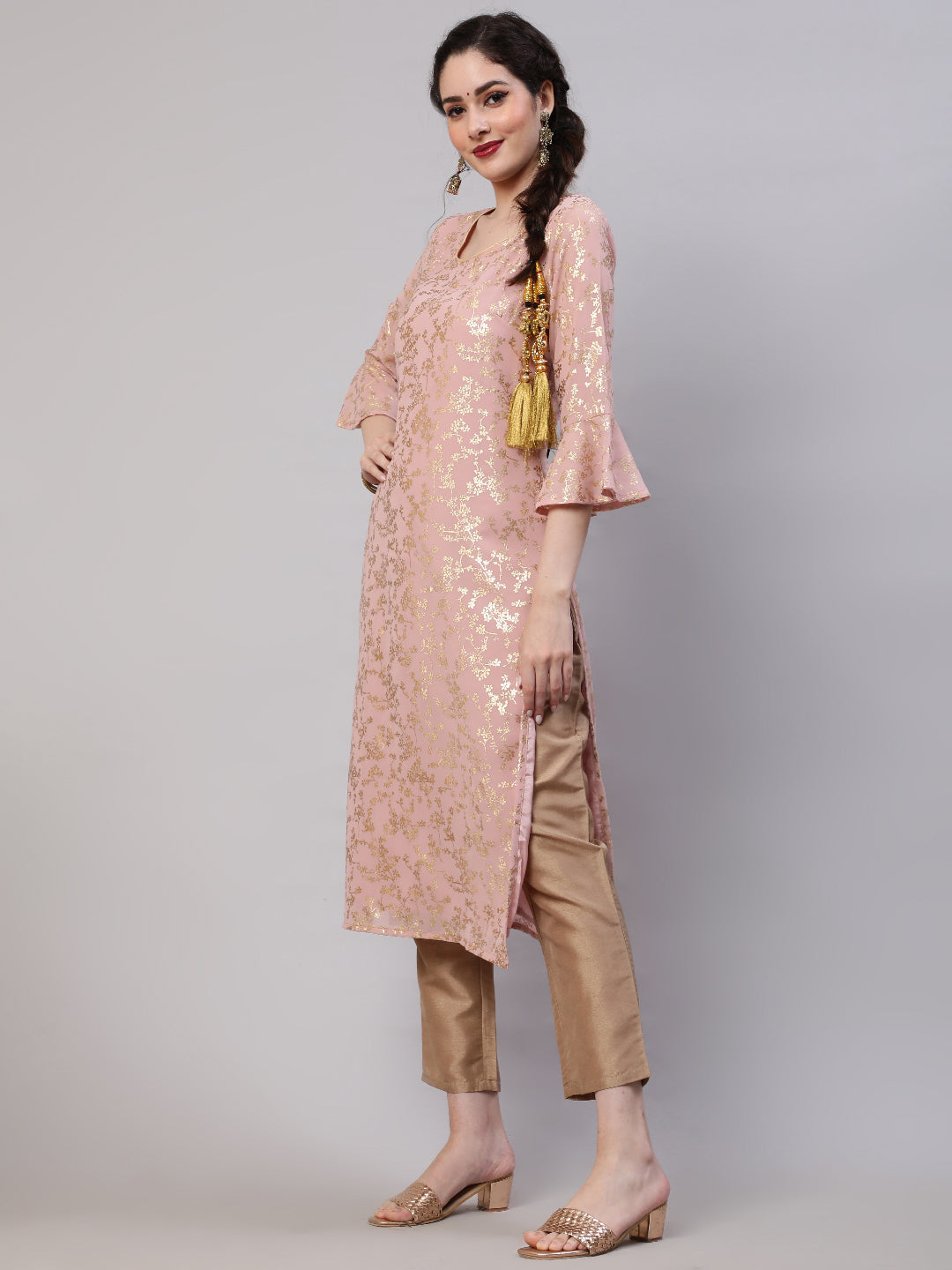 Peach Foil Printed Kurta With Pant - Elganza