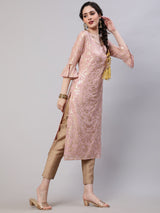 Peach Foil Printed Kurta With Pant - Elganza