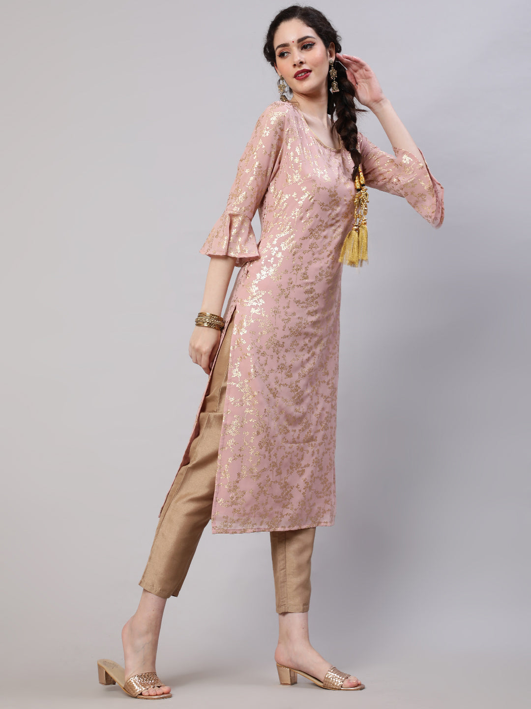 Peach Foil Printed Kurta With Pant - Elganza
