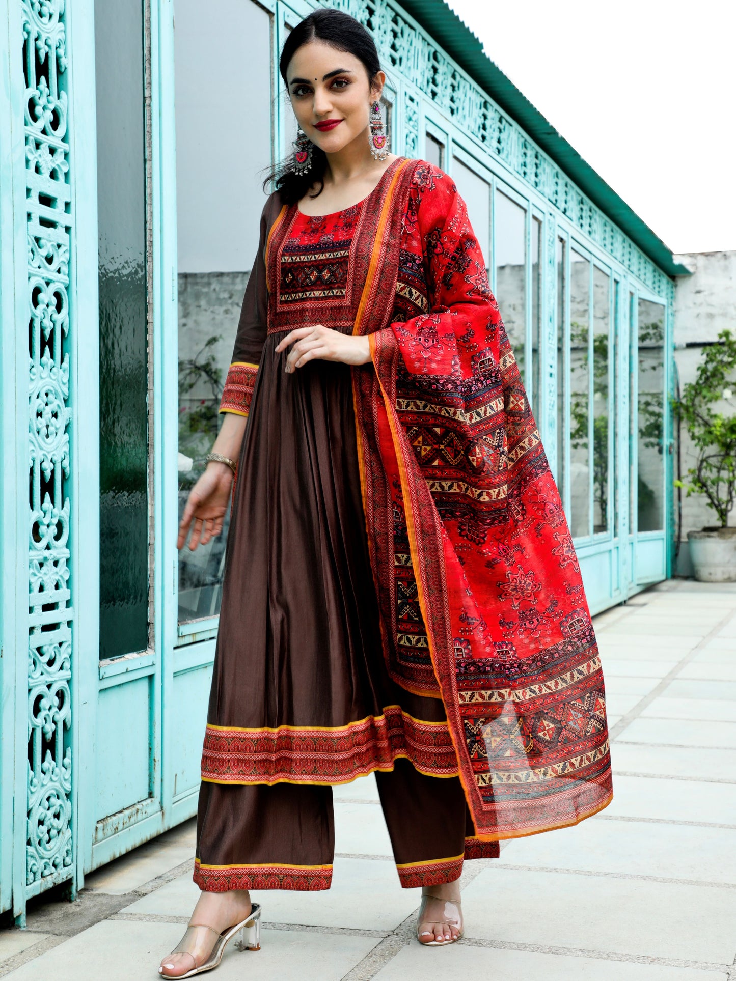 Brown Printed Nyra-Cut Kurta Palazzo With Dupatta - Elganza