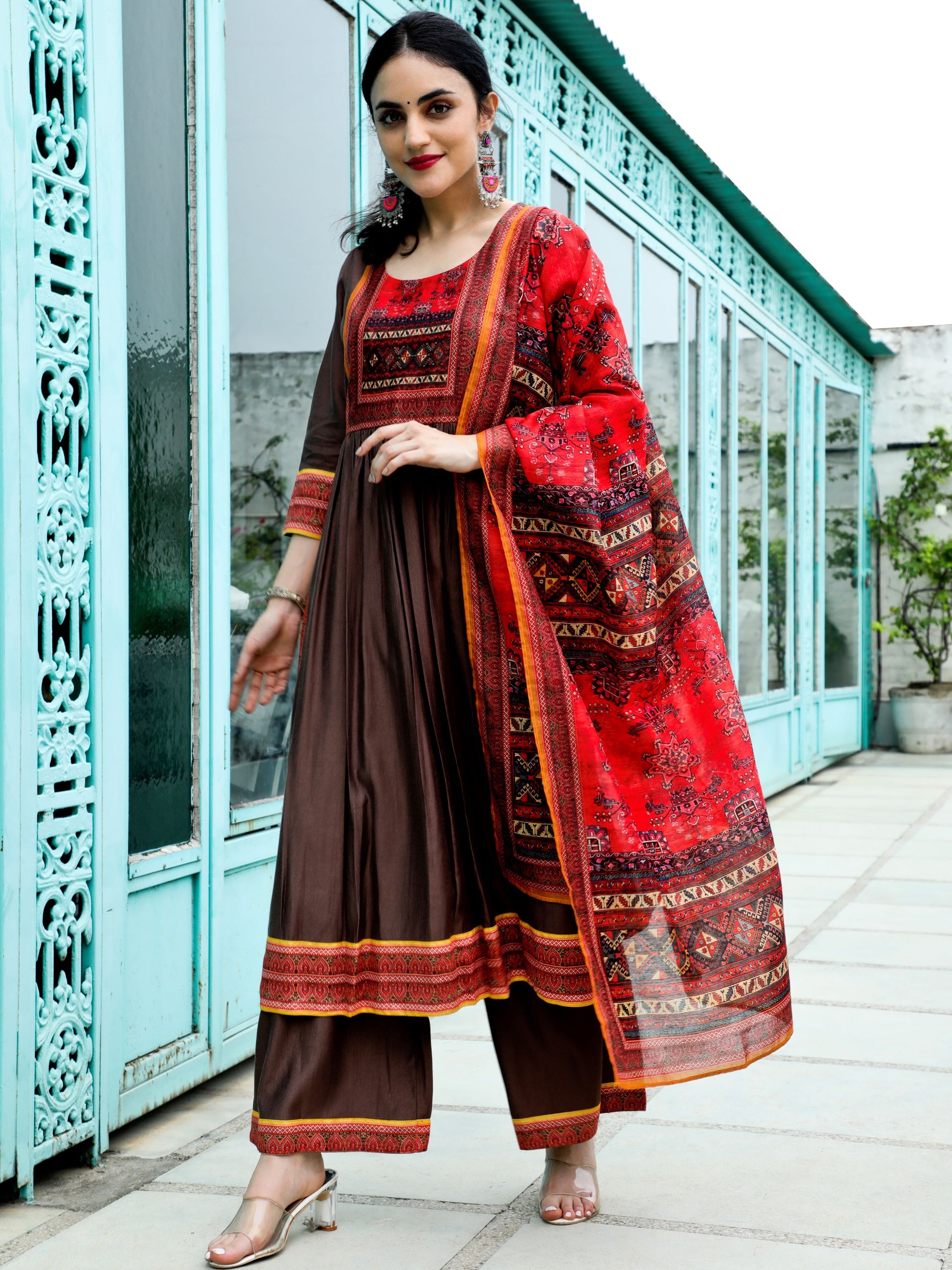 Brown Printed Nyra-Cut Kurta Palazzo With Dupatta - Elganza