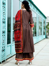 Brown Printed Nyra-Cut Kurta Palazzo With Dupatta - Elganza