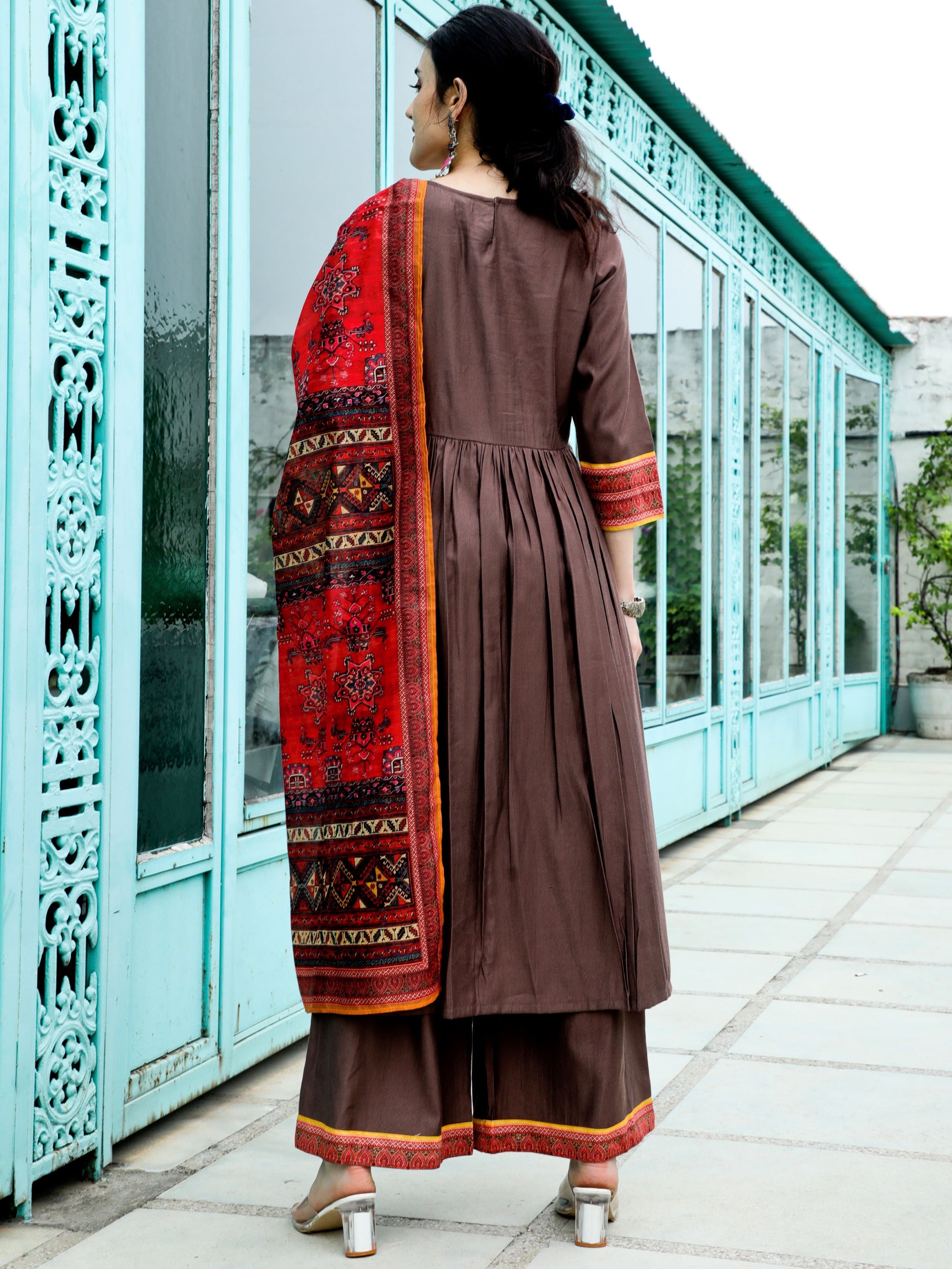 Brown Printed Nyra-Cut Kurta Palazzo With Dupatta - Elganza