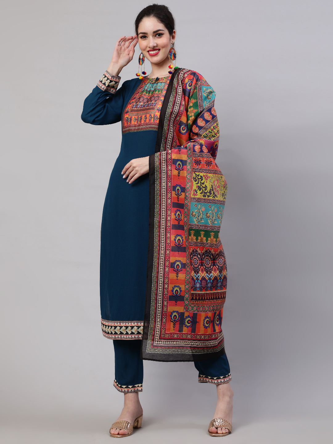 Blue Printed Kurta Pant With Dupatta - Elganza