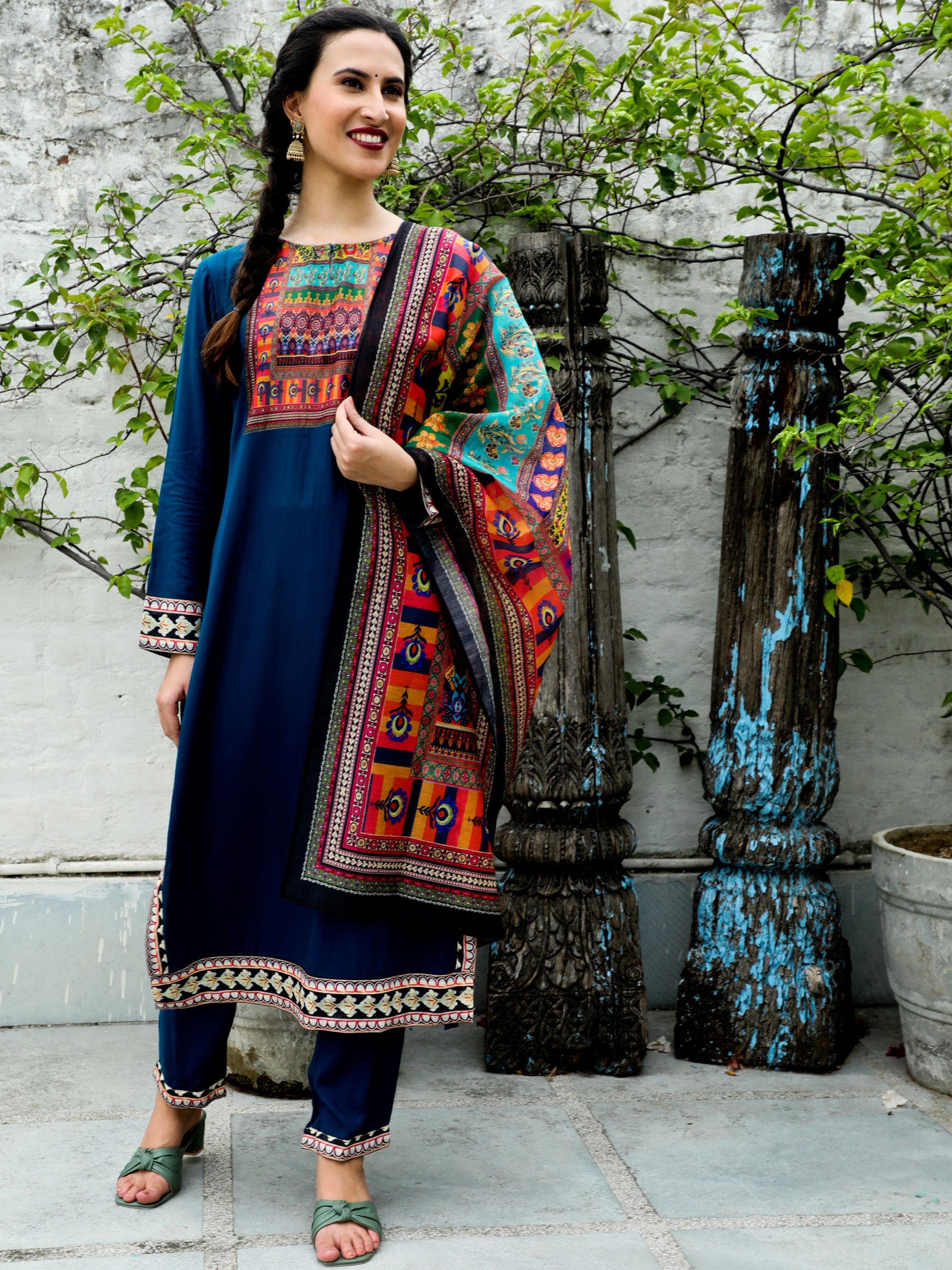 Blue Printed Kurta Pant With Dupatta - Elganza