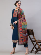 Blue Printed Kurta Pant With Dupatta - Elganza