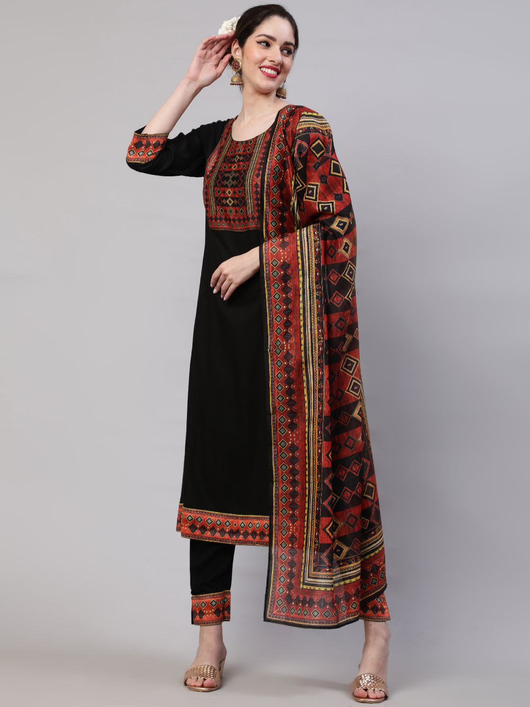 Black Printed Kurta Pant With Dupatta - Elganza