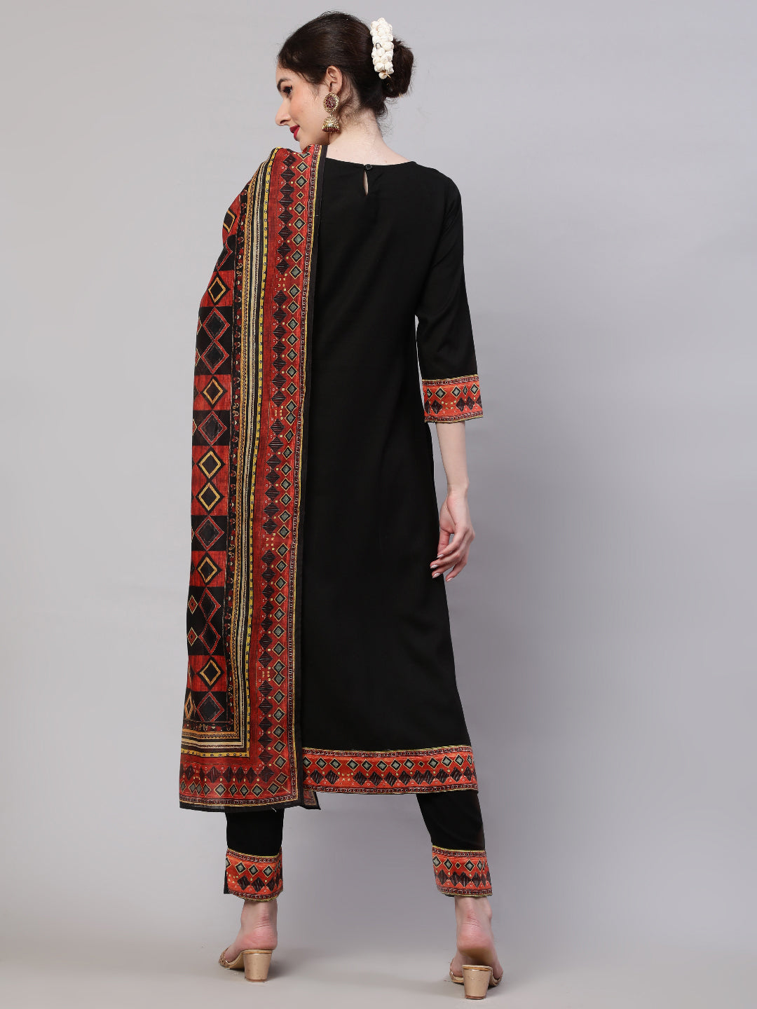 Black Printed Kurta Pant With Dupatta - Elganza