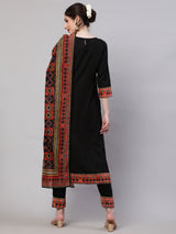 Black Printed Kurta Pant With Dupatta - Elganza