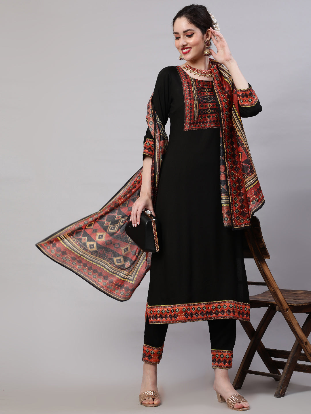 Black Printed Kurta Pant With Dupatta - Elganza