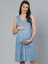 Blue Gold Printed Maternity Dress - Elganza