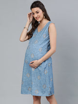 Blue Gold Printed Maternity Dress - Elganza