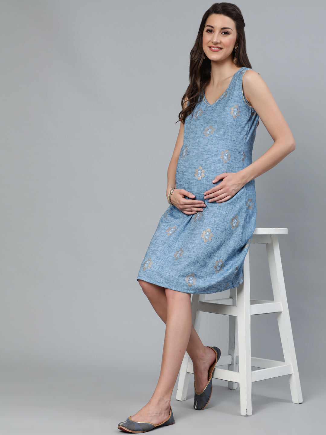 Blue Gold Printed Maternity Dress - Elganza