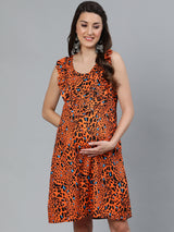 Orange Printed Empire Dress - Elganza