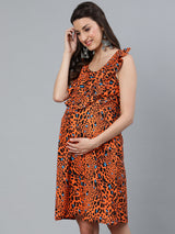 Orange Printed Empire Dress - Elganza