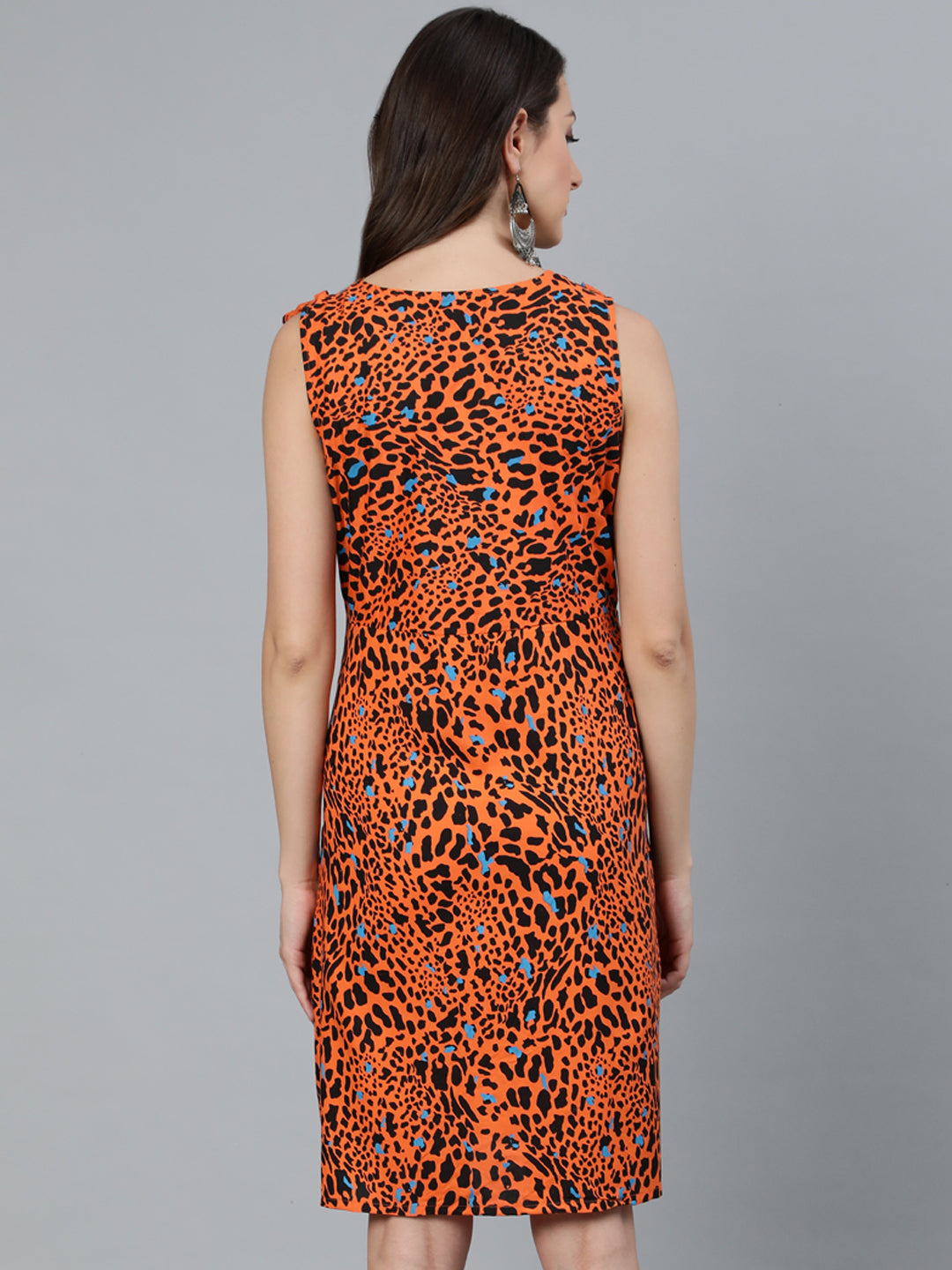 Orange Printed Empire Dress - Elganza