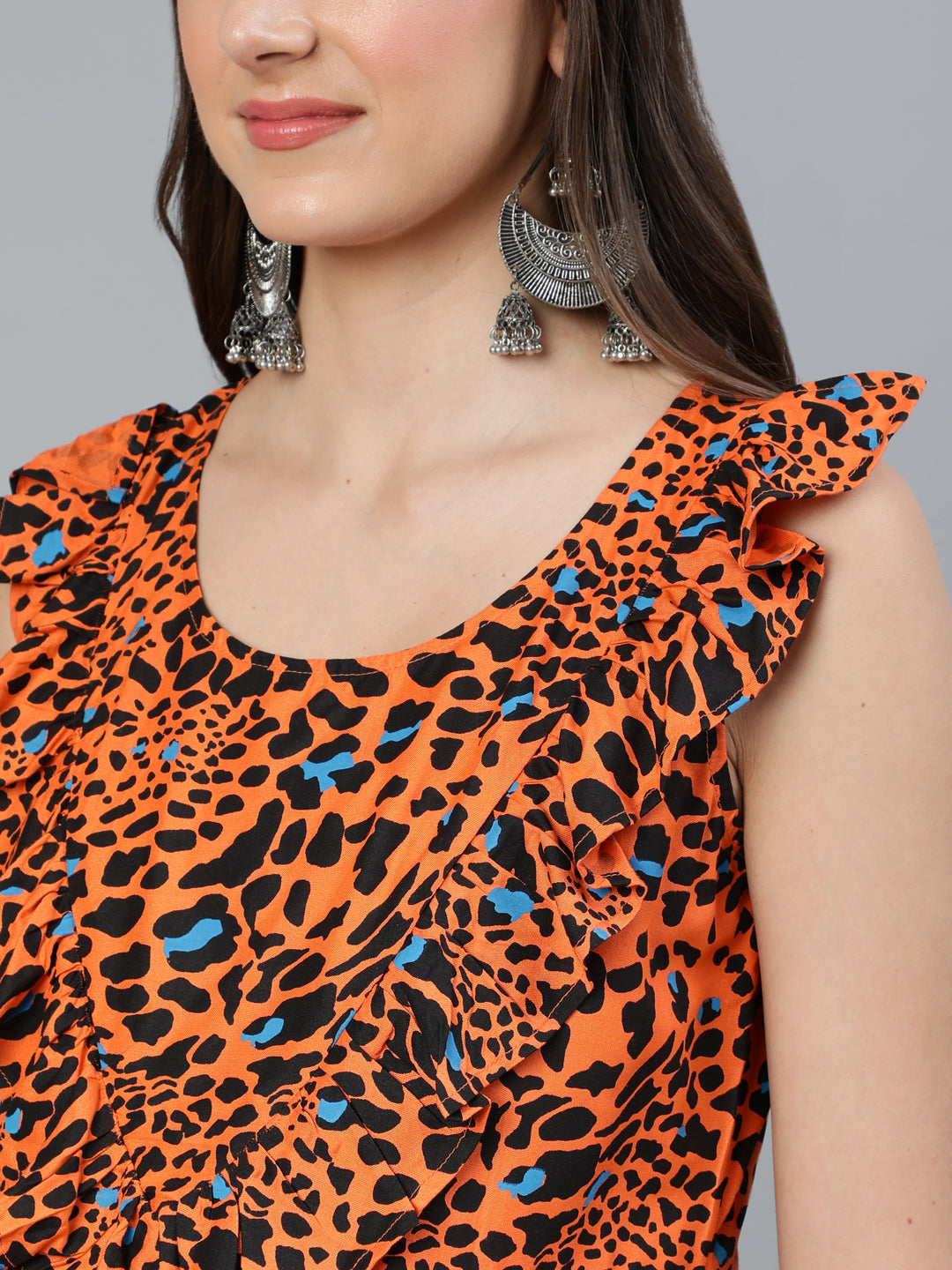 Orange Printed Empire Dress - Elganza