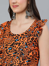 Orange Printed Empire Dress - Elganza