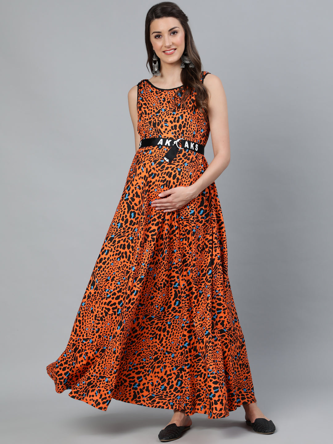 Orange Animal Print Maxi Dress - Elganza
