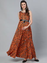Orange Animal Print Maxi Dress - Elganza