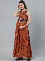 Orange Animal Print Maxi Dress - Elganza