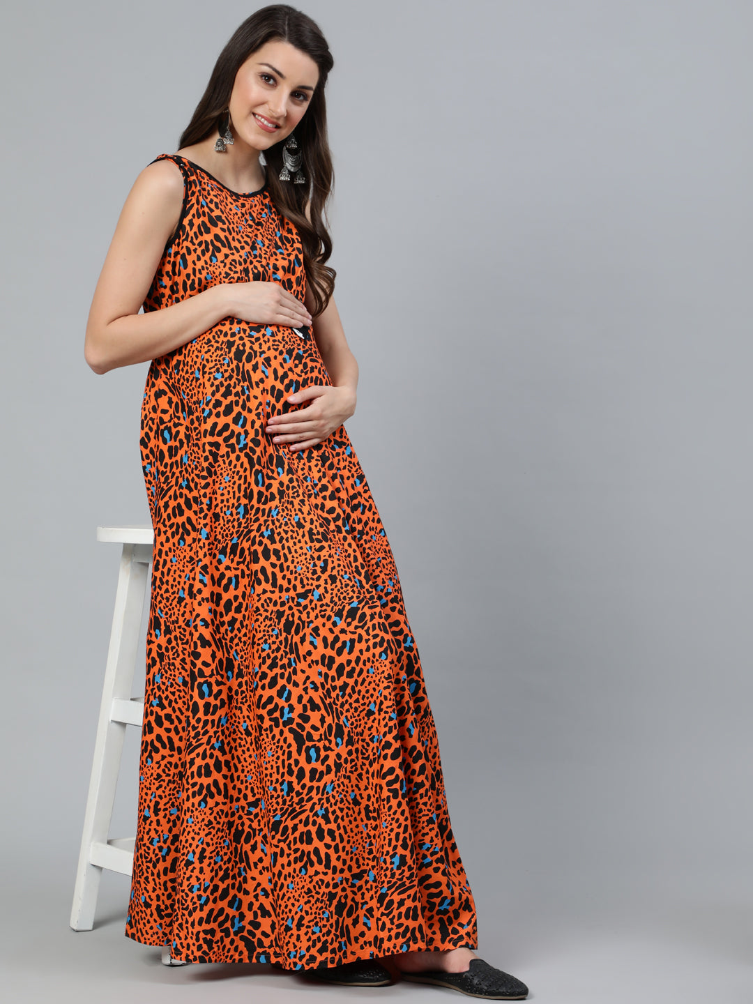 Orange Animal Print Maxi Dress - Elganza