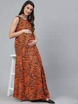 Orange Animal Print Maxi Dress - Elganza