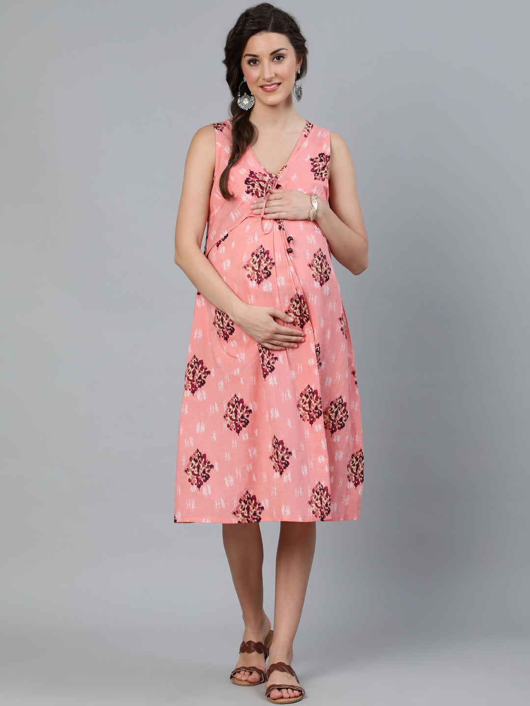 Peach Printed Maternity Dress - Elganza