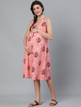 Peach Printed Maternity Dress - Elganza