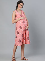 Peach Printed Maternity Dress - Elganza