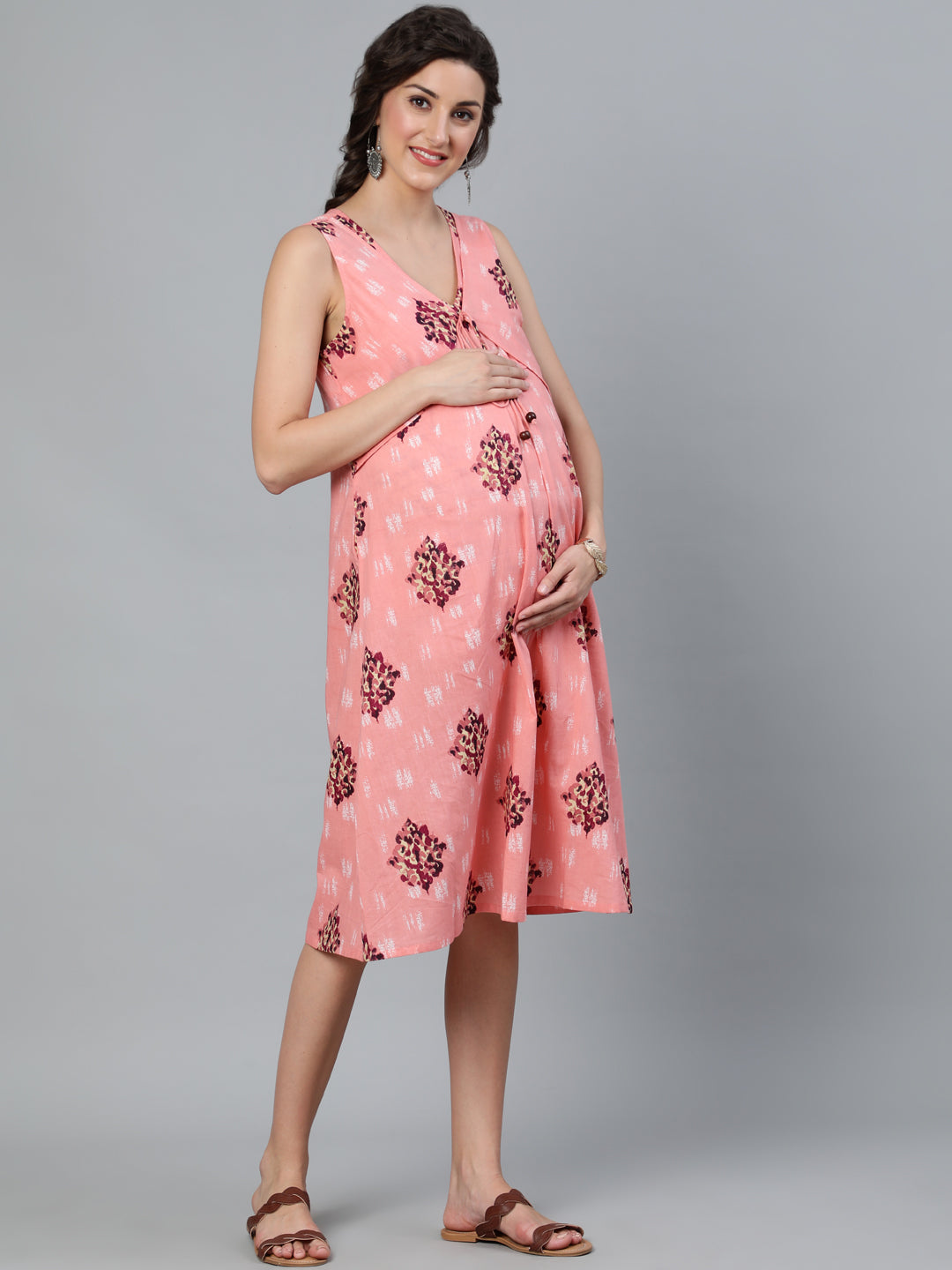 Peach Printed Maternity Dress - Elganza