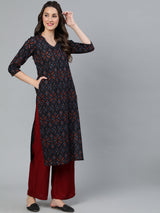 Navy Blue Printed Straight Kurta - Elganza