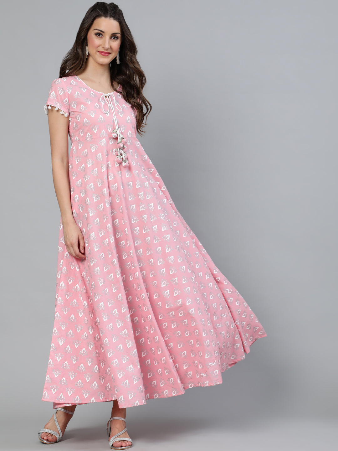 Pink Printed Flared Maxi Dress - Elganza