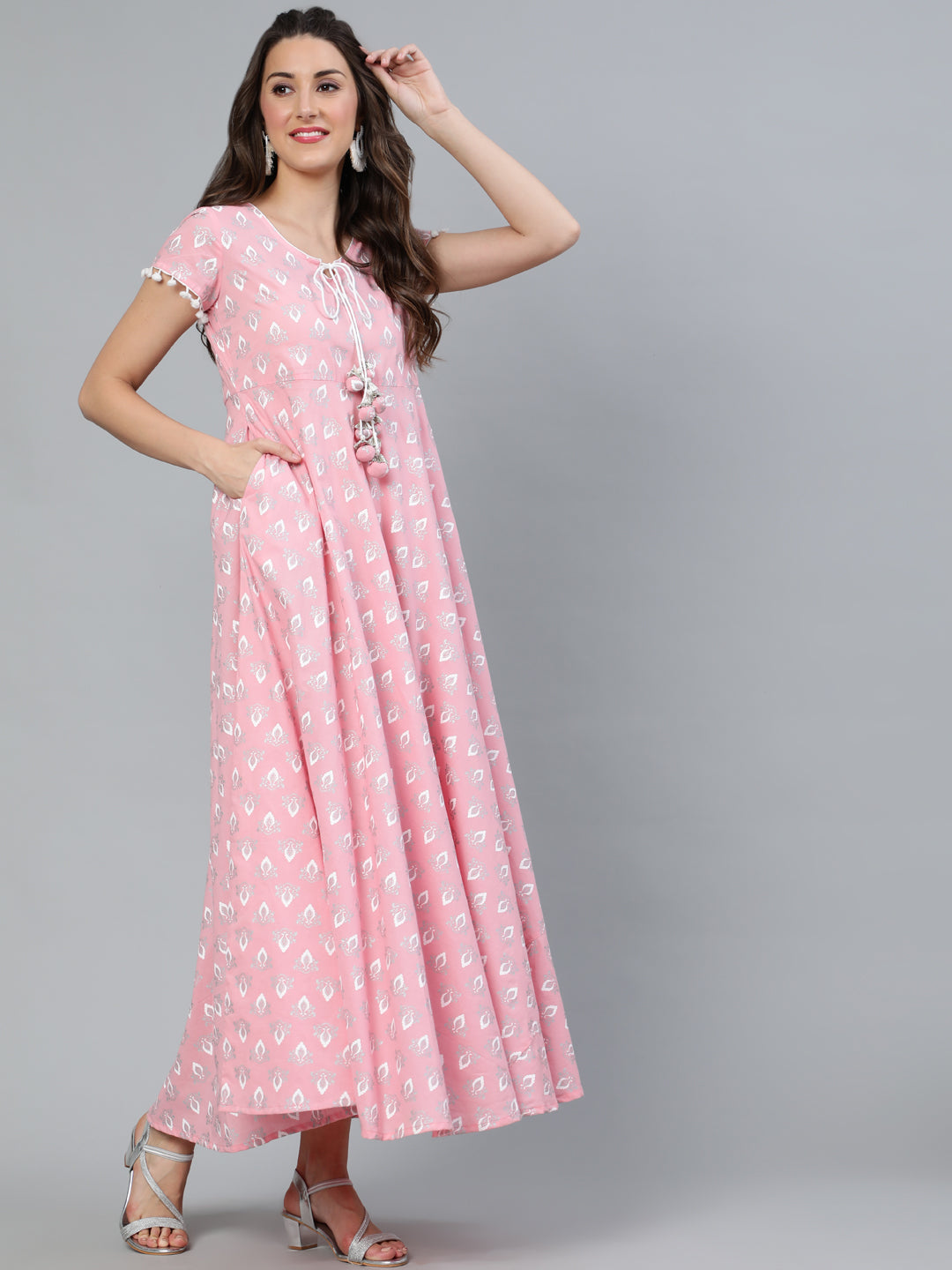 Pink Printed Flared Maxi Dress - Elganza