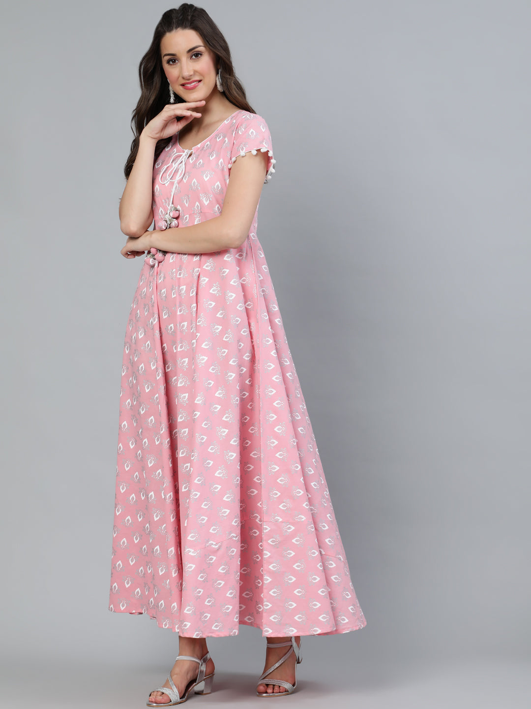 Pink Printed Flared Maxi Dress - Elganza