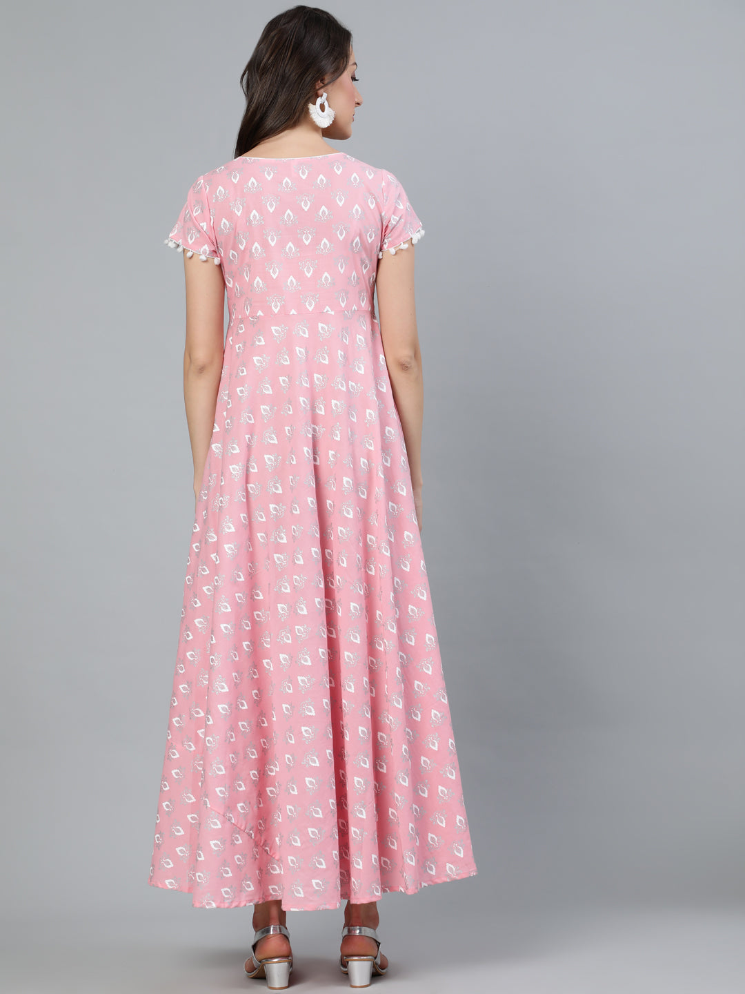 Pink Printed Flared Maxi Dress - Elganza