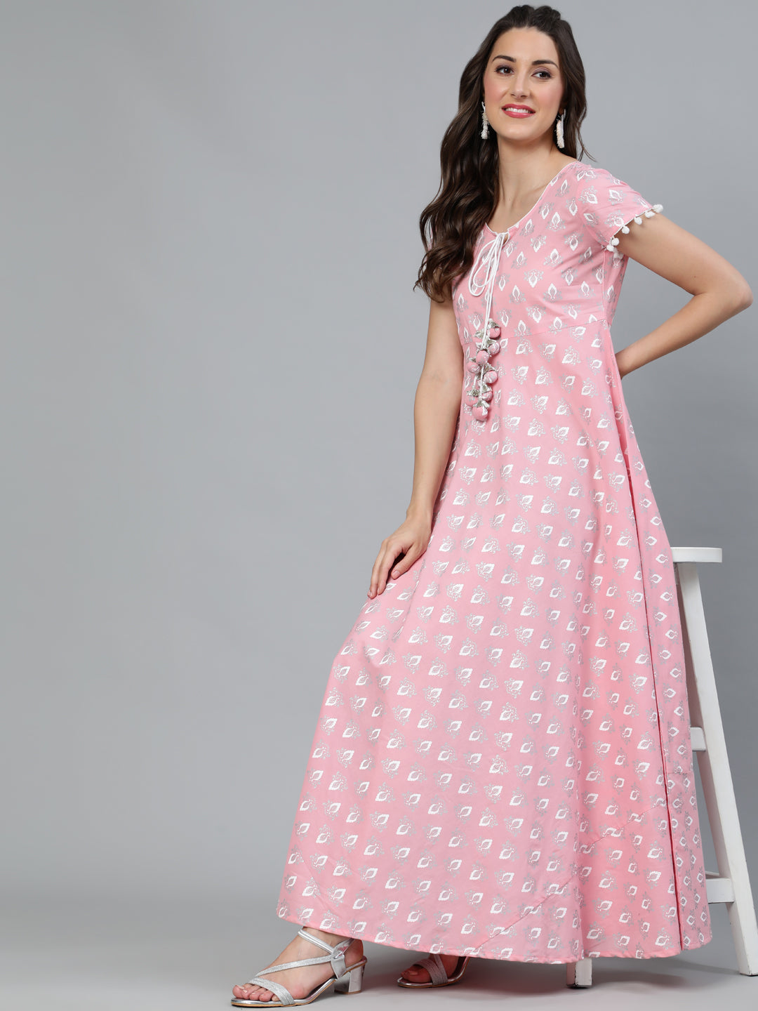 Pink Printed Flared Maxi Dress - Elganza