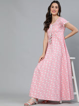 Pink Printed Flared Maxi Dress - Elganza