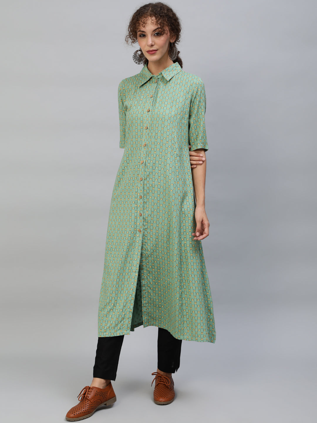 Green  Printed Button Down A-Line Kurta - Elganza