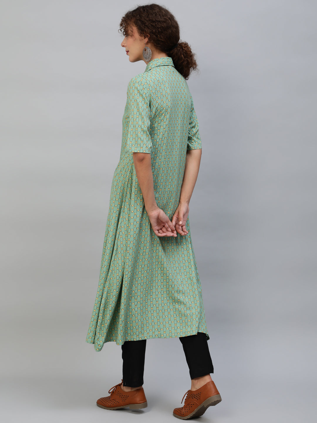 Green  Printed Button Down A-Line Kurta - Elganza