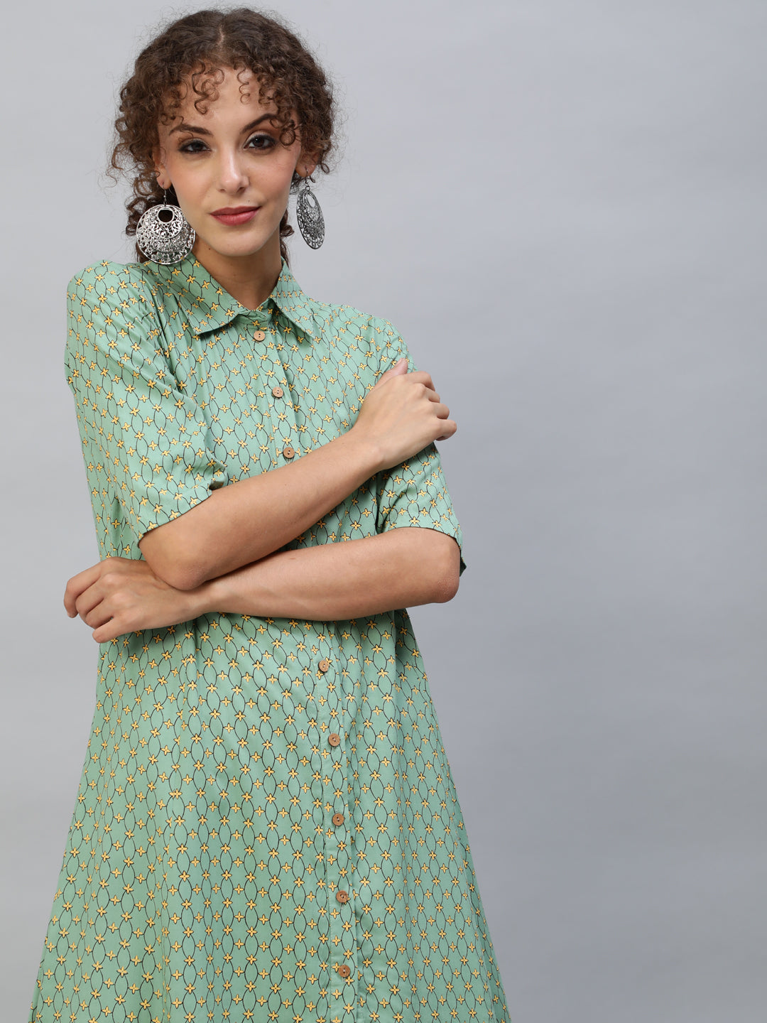 Green  Printed Button Down A-Line Kurta - Elganza
