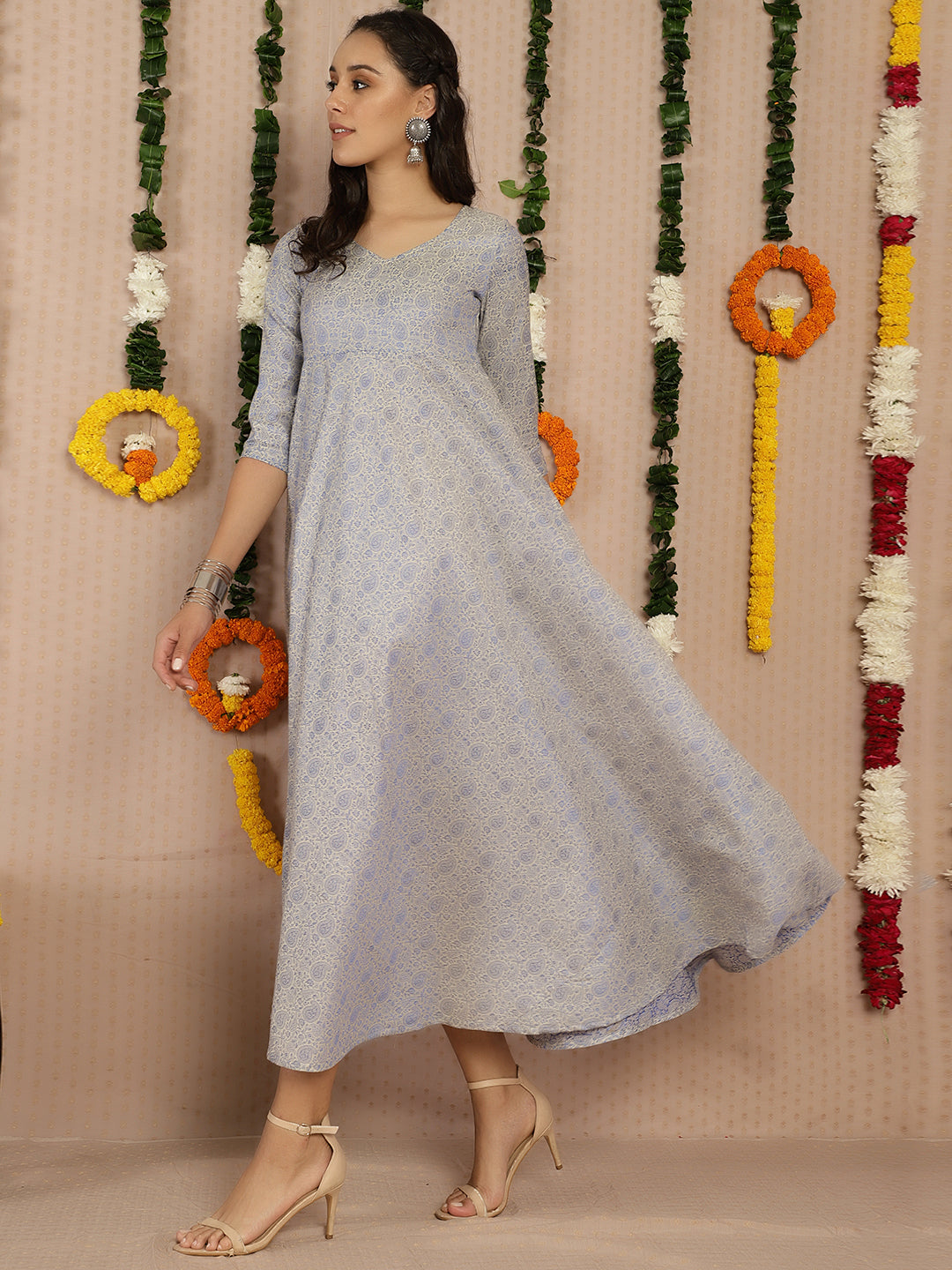 Blue Flared Maxi Dress - Elganza