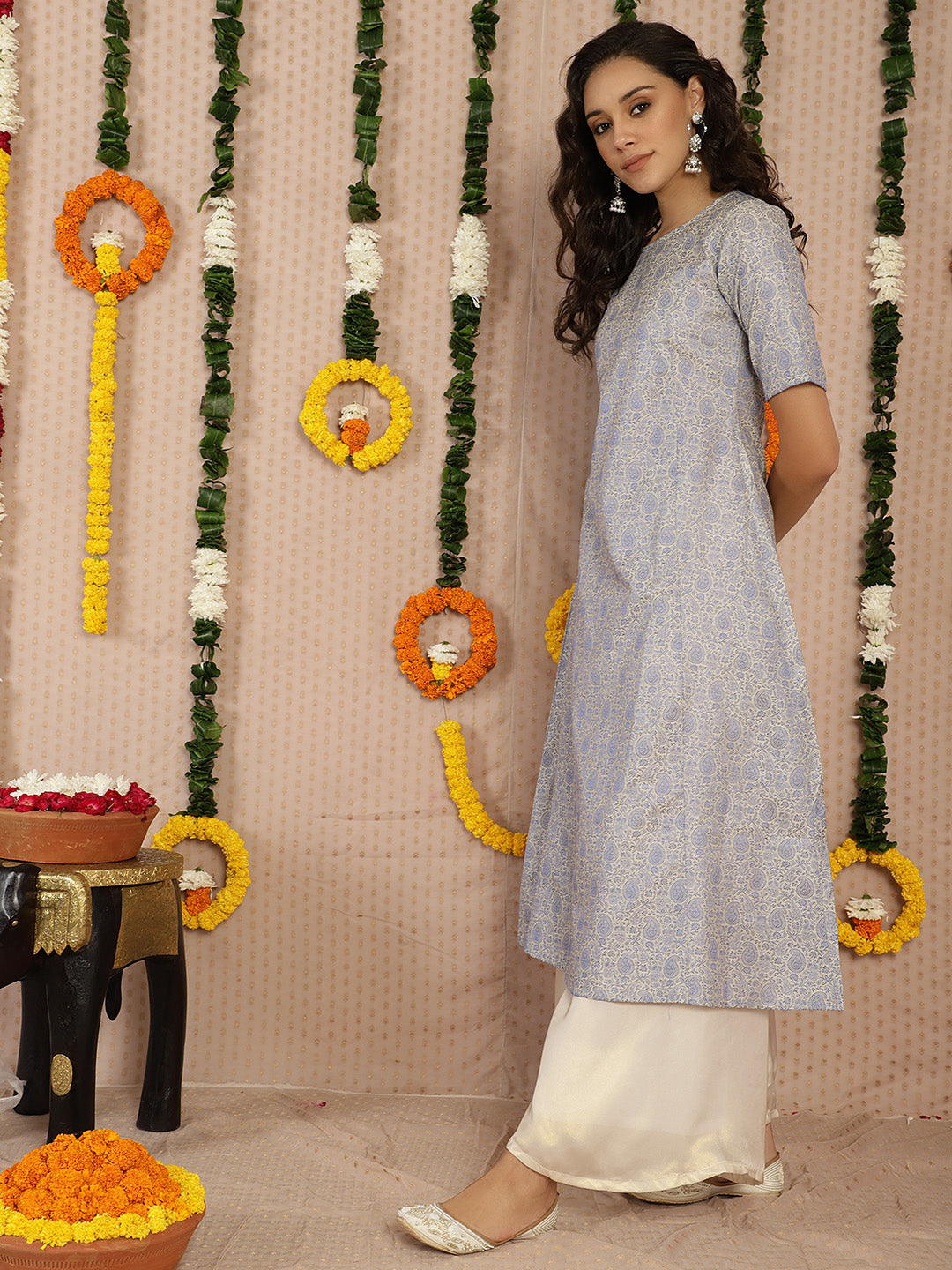 Beige Brocade A-Line Kurta - Elganza