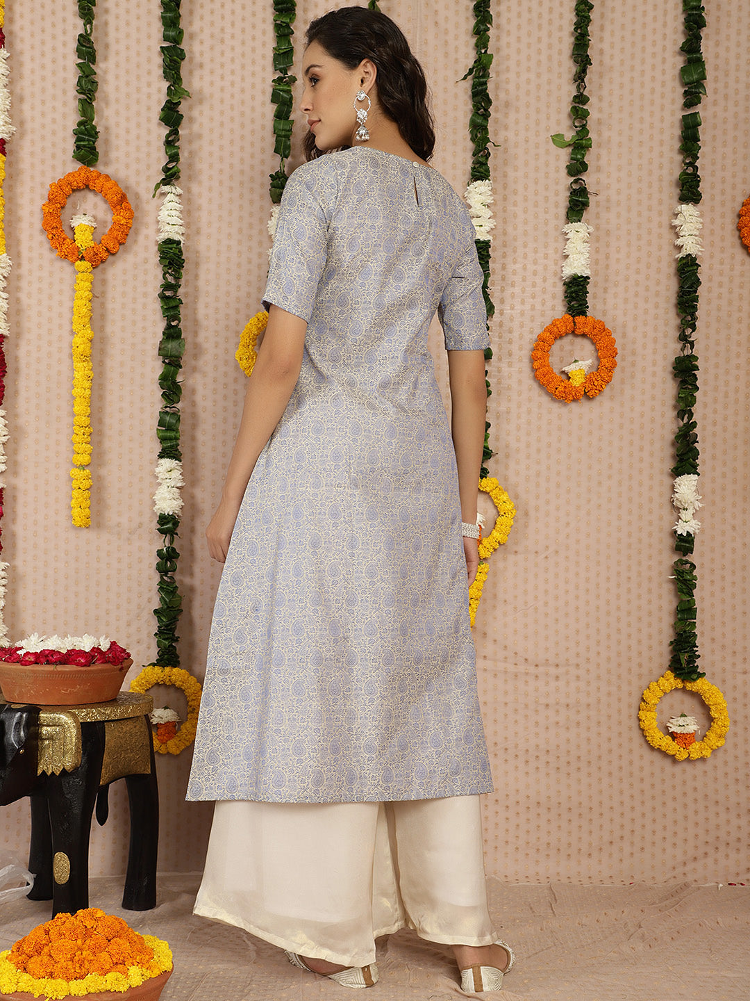 Beige Brocade A-Line Kurta - Elganza